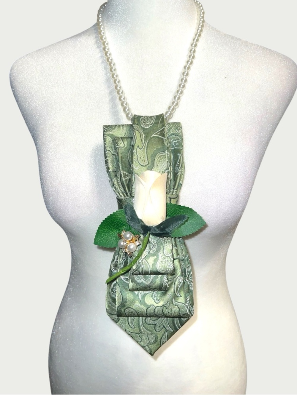 Green Paisley Neck Tie Statement Necklace with rose and Pearl Chain